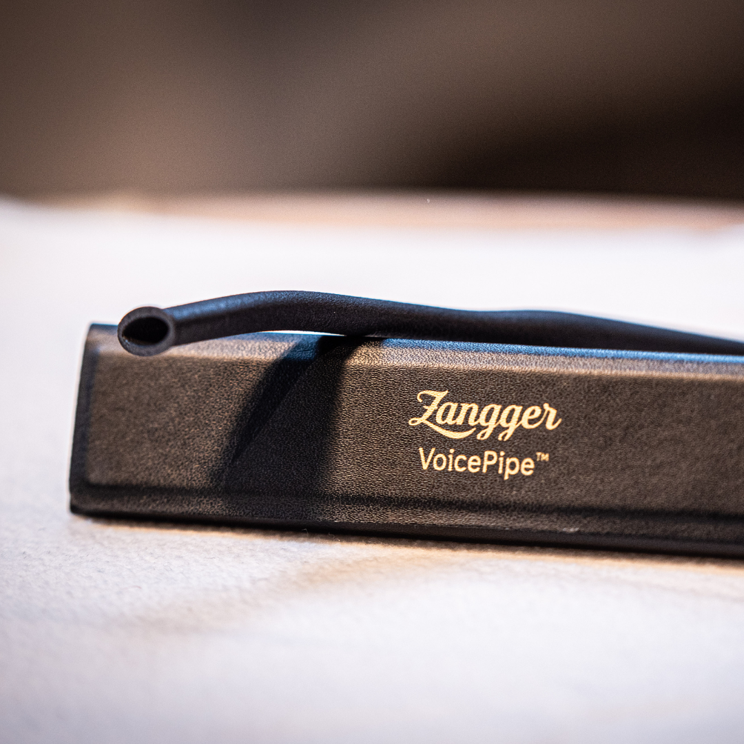 Side view of the Zangger VoicePipe showing its flared mouthpiece and gently curved tube